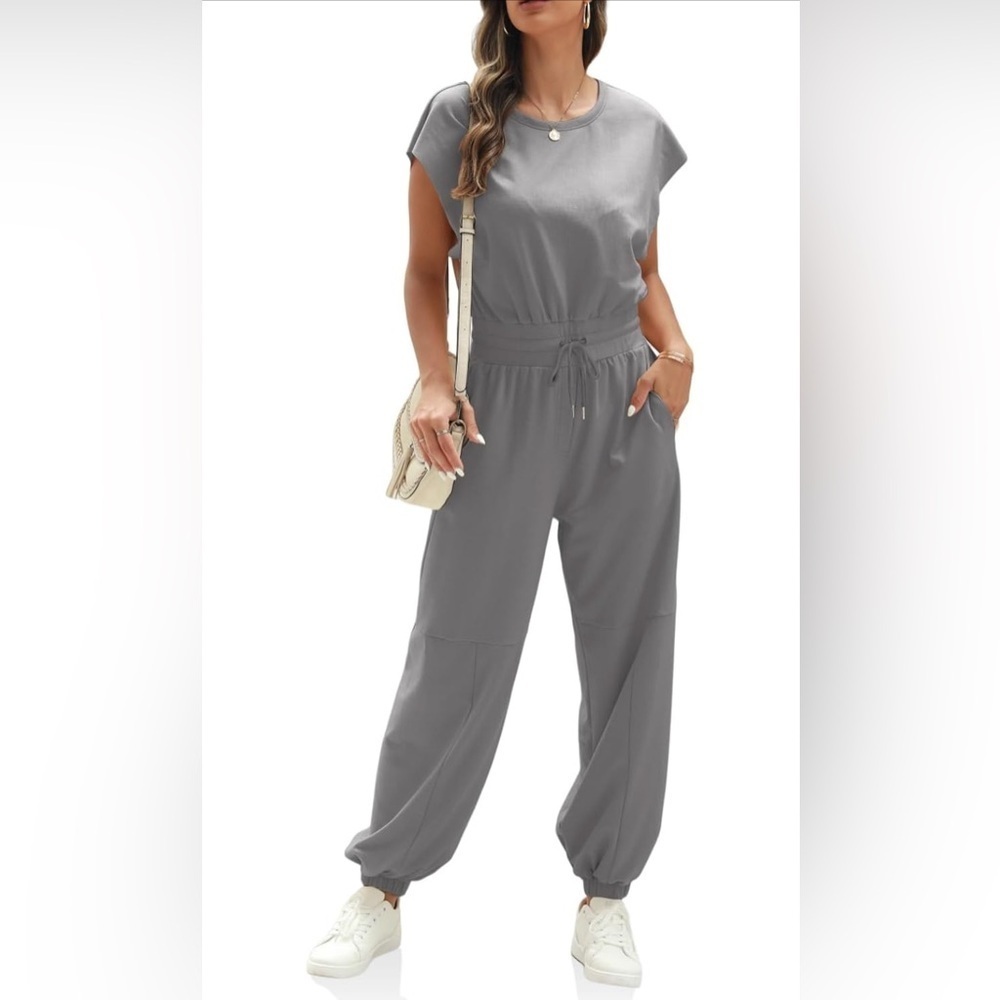 NEW- Fisoew Womens Oversized Sleeveless Crew Neck Jumpsuit - Open Back Romper